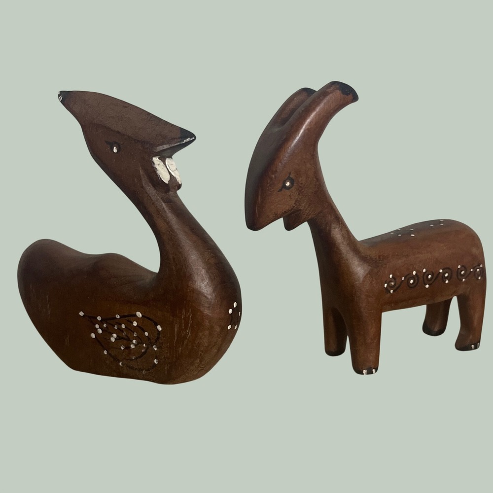 Vtg Mid-Century Biomorphic Wood Animal Sculptures Pair of Minimalist Carvings